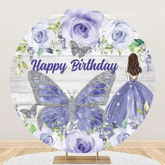 Lofaris Blue Floral Butterfly Wooden Round Birthday Backdrop