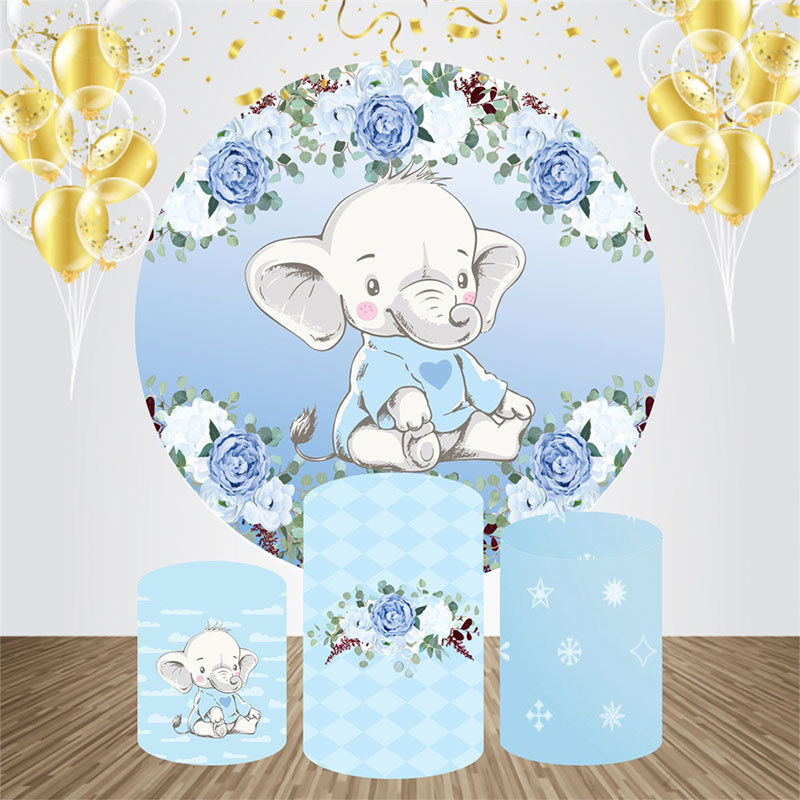 Lofaris Blue Floral Elephant Round Baby Shower Backdrop Kit