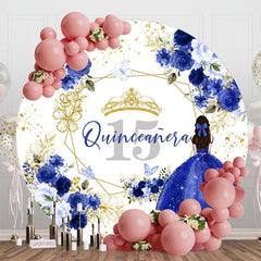 Lofaris Blue Floral Quinceanera Round 15th Birthday Backdrop