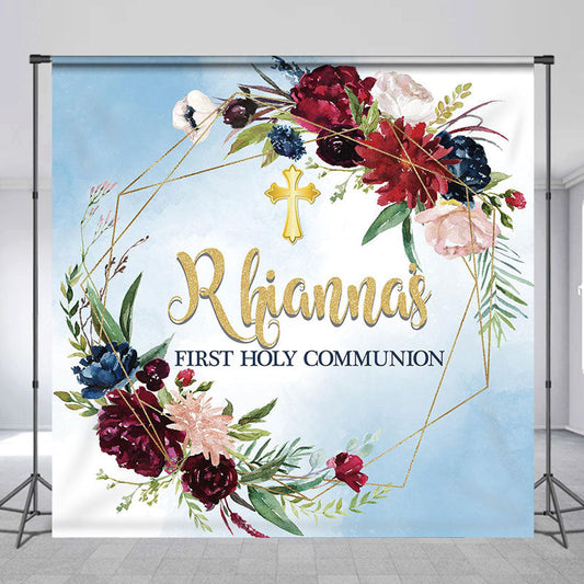 Lofaris Blue Flower Wreath Custom First Holy Communion Backdrop