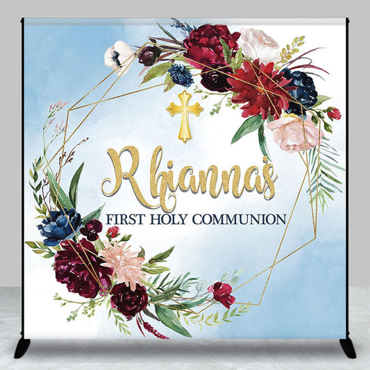 Lofaris Blue Flower Wreath Custom First Holy Communion Backdrop