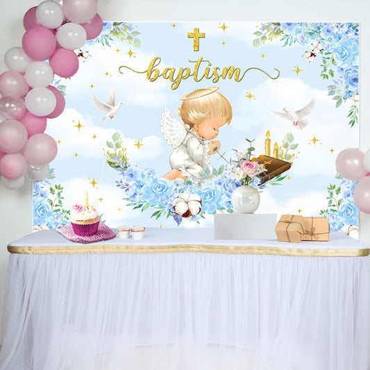 Lofaris Blue Flowers Cross Angle Baptism Backdrop For Boy