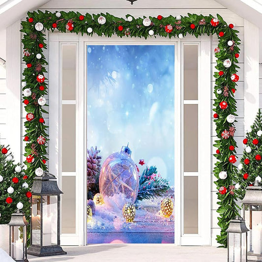 Lofaris Blue Glitter Ball Snowy Bokeh Christmas Door Cover