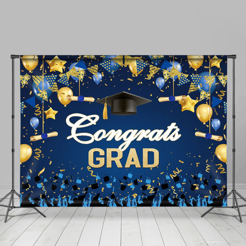 Lofaris Blue Gold Balloon Ribbon Student Graduation Backdrop