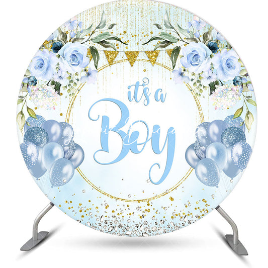 Lofaris Blue Gold Diamonds Floral Round Baby Shower Backdrop
