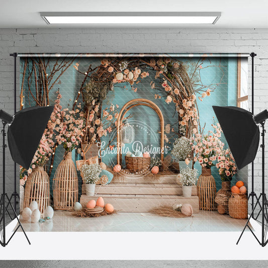 Lofaris Blue Green Wall Floral Arch Stairs Easter Backdrop