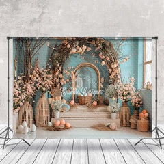 Lofaris Blue Green Wall Floral Arch Stairs Easter Backdrop