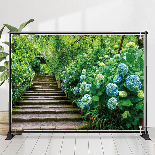 Lofaris Blue Hydrangeas Brick Stairs Forest Spring Backdrop
