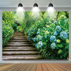Lofaris Blue Hydrangeas Brick Stairs Forest Spring Backdrop