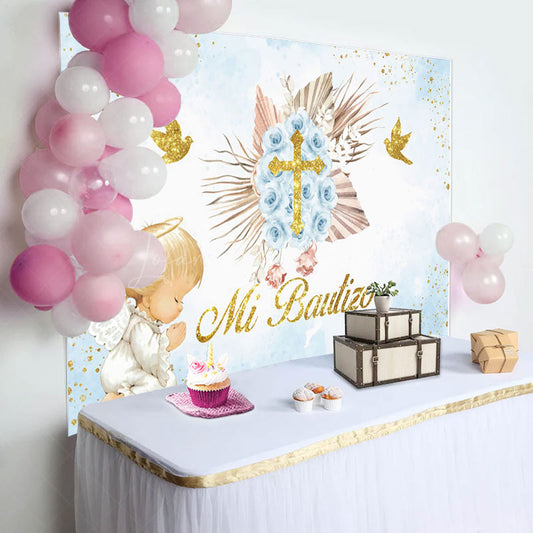 Lofaris Blue Mi Bautizo Angel God Bless Baptism Backdrop