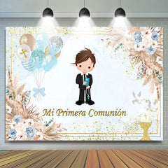 Lofaris Blue Mi Primera Comunion Boy Floral Baptism Backdrop