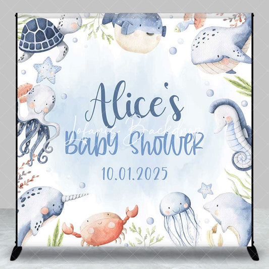 Lofaris Blue Ocean Animals Baby Shower Custom Name Backdrop