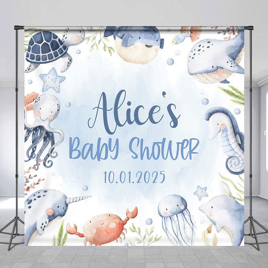 Lofaris Blue Ocean Animals Baby Shower Custom Name Backdrop