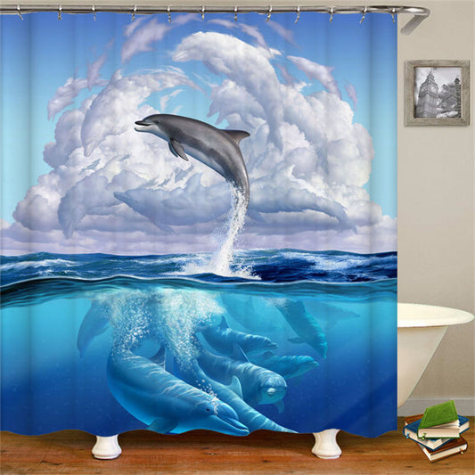Lofaris Blue Ocean Dolphin Jump Artistic Bathroom Curtain