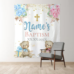 Lofaris Personalized Bears And Roses Blue Pink Baptism Backdrop