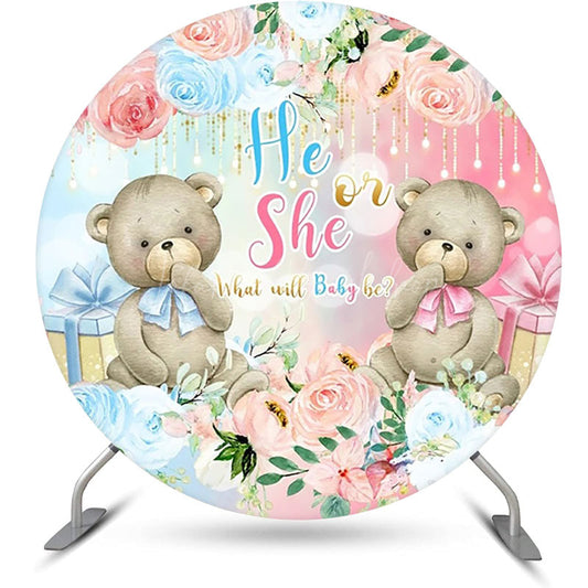 Lofaris Blue Pink Floral Bears Round Gender Reveal Backdrop