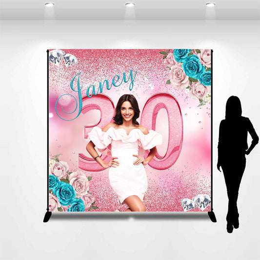 Lofaris Blue Pink Floral Glitter Custom 30th Birthday Backdrop