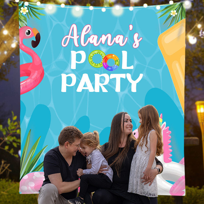 Lofaris Blue Pink Pool Party Banner Kids Birthday Backdrop