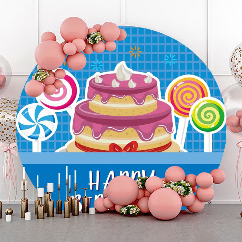 Lofaris Blue Plaid Candyland Cake Round Birthday Backdrop