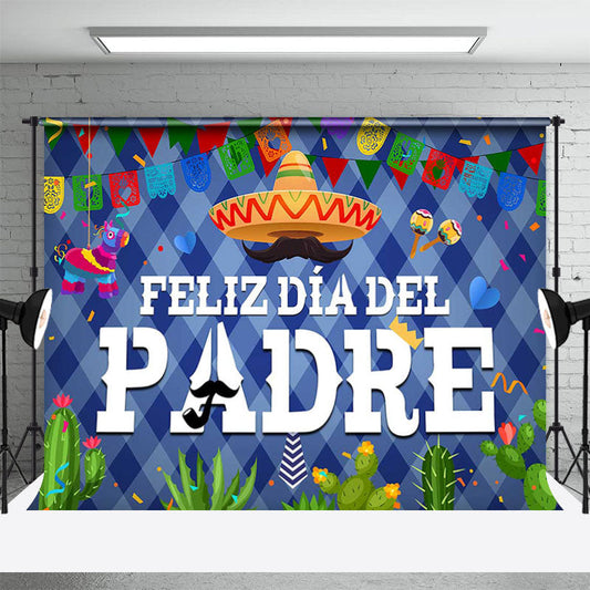 Lofaris Blue Plaid Cap Cactus Ribbon Mexican Fiesta Backdrop