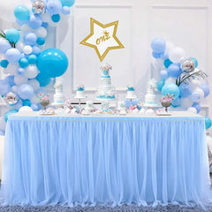 Lofaris Blue Rectangle Tulle Ruffle Banquet Table Skirt