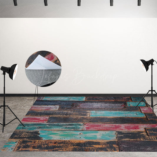 Lofaris Blue Red Black Paint Old Style Wood Floor Backdrop