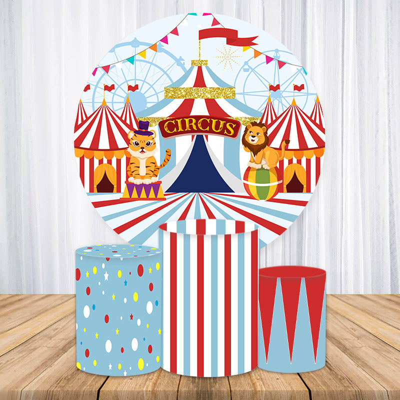 Lofaris Blue Red Stripes Circus Round Birthday Backdrop Kit
