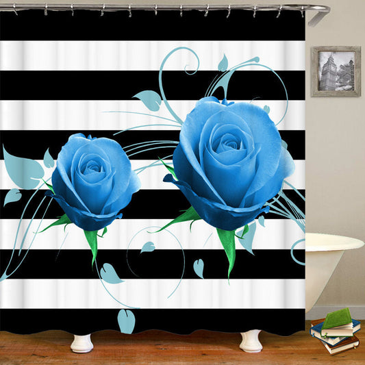 Lofaris Blue Rose Black Stripe Valentines Bathtub Shower Curtain