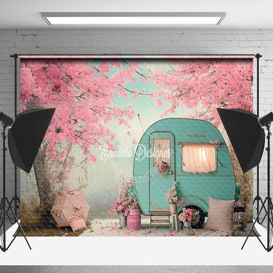 Lofaris Blue RV Peach Trees Spring Backdrop For Photography