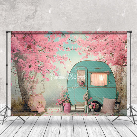 Lofaris Blue RV Peach Trees Spring Backdrop For Photography