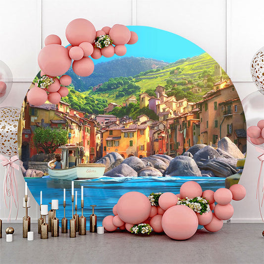 Lofaris Blue Sea Peaceful Town Mountain Round Luca Backdrop