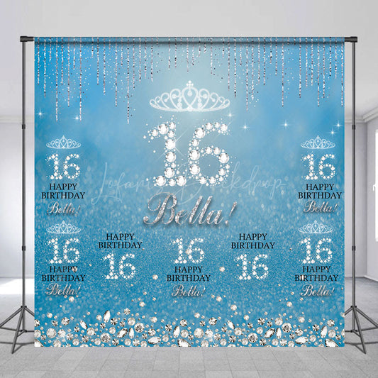 Lofaris Blue Silver Sparkle Custom 16th Birthday Backdrop
