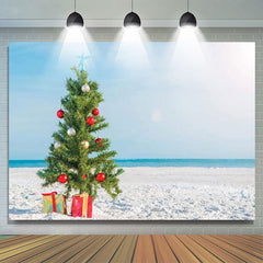 Lofaris Blue Sky Beach Green Tree Christmas In July Backdrop