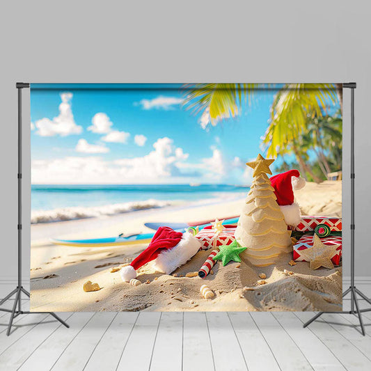 Lofaris Blue Sky Bokeh Sea Beach Christmas In July Backdrop