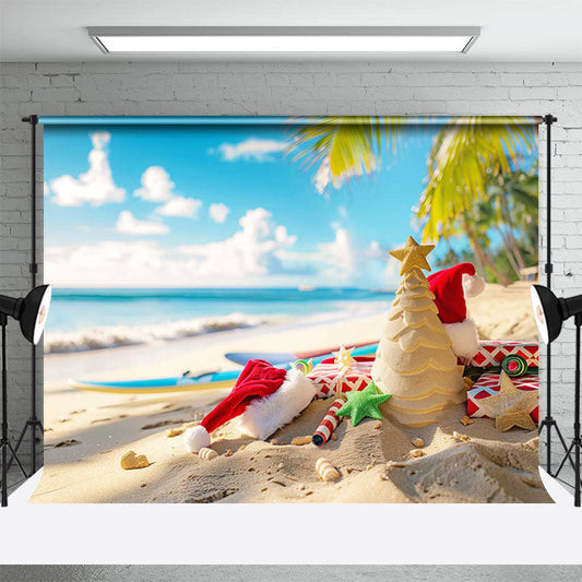 Lofaris Blue Sky Bokeh Sea Beach Christmas In July Backdrop