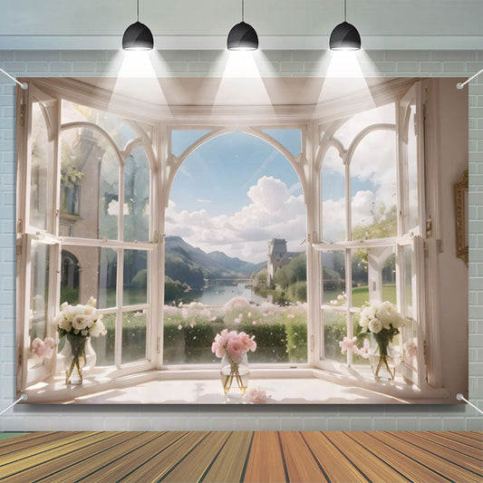Lofaris Blue Sky Cloud Mountain Spring Window Floral Backdrop