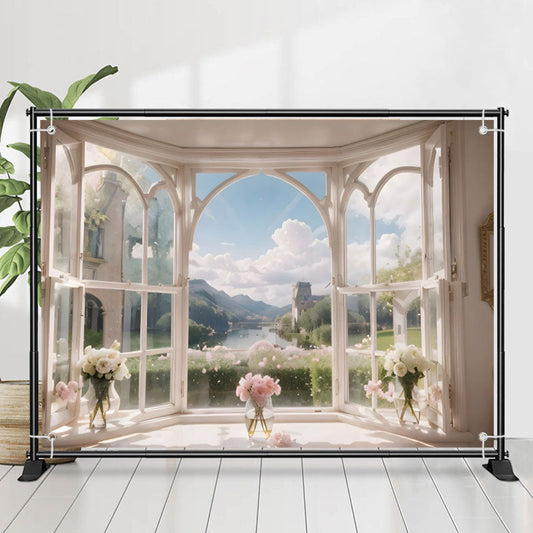 Lofaris Blue Sky Cloud Mountain Spring Window Floral Backdrop