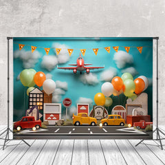 Lofaris Blue Sky Flying Plane Street Car Cake Smash Backdrop