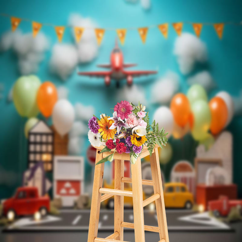 Lofaris Blue Sky Flying Plane Street Car Cake Smash Backdrop