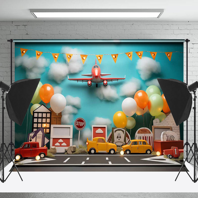 Lofaris Blue Sky Flying Plane Street Car Cake Smash Backdrop