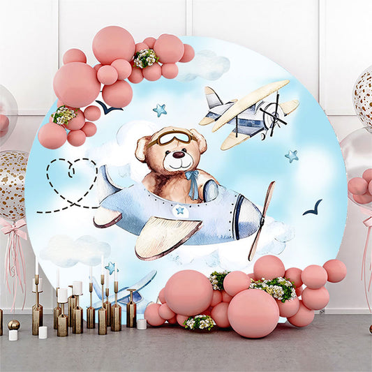 Lofaris Blue Sky Little Bear Plane Round Birthday Backdrop Kit