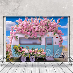 Lofaris Blue Sky Pink Floral RV Photography Spring Backdrop