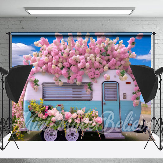 Lofaris Blue Sky Pink Floral RV Photography Spring Backdrop