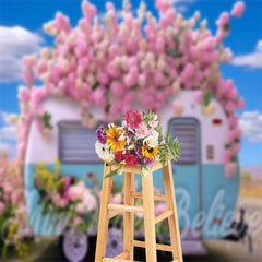 Lofaris Blue Sky Pink Floral RV Photography Spring Backdrop