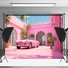 Lofaris Blue Sky Pink House Arch Window Door Photo Backdrop