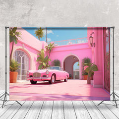 Lofaris Blue Sky Pink House Arch Window Door Photo Backdrop