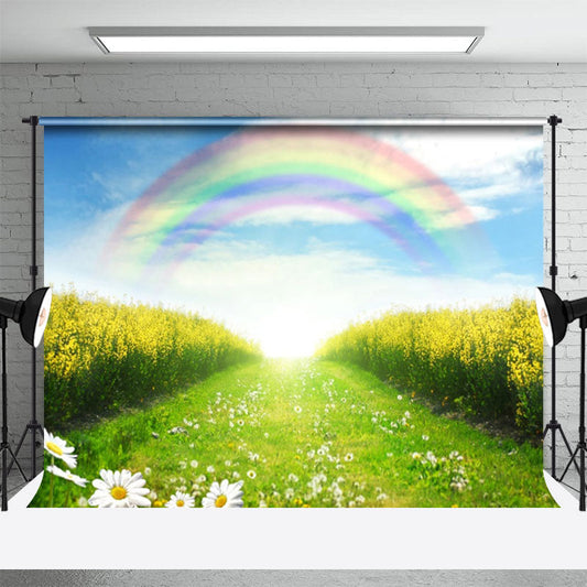 Lofaris Blue Sky Rainbow Yellow Floral Field Spring Backdrop