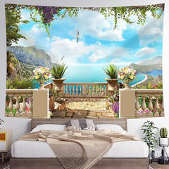 Lofaris Blue Sky Sea Holiday Leisurely Balcony Wall Tapestry