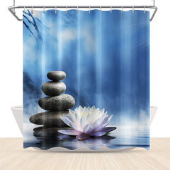 Lofaris Blue Stone Pink Water Lily Bokeh Shower Curtain