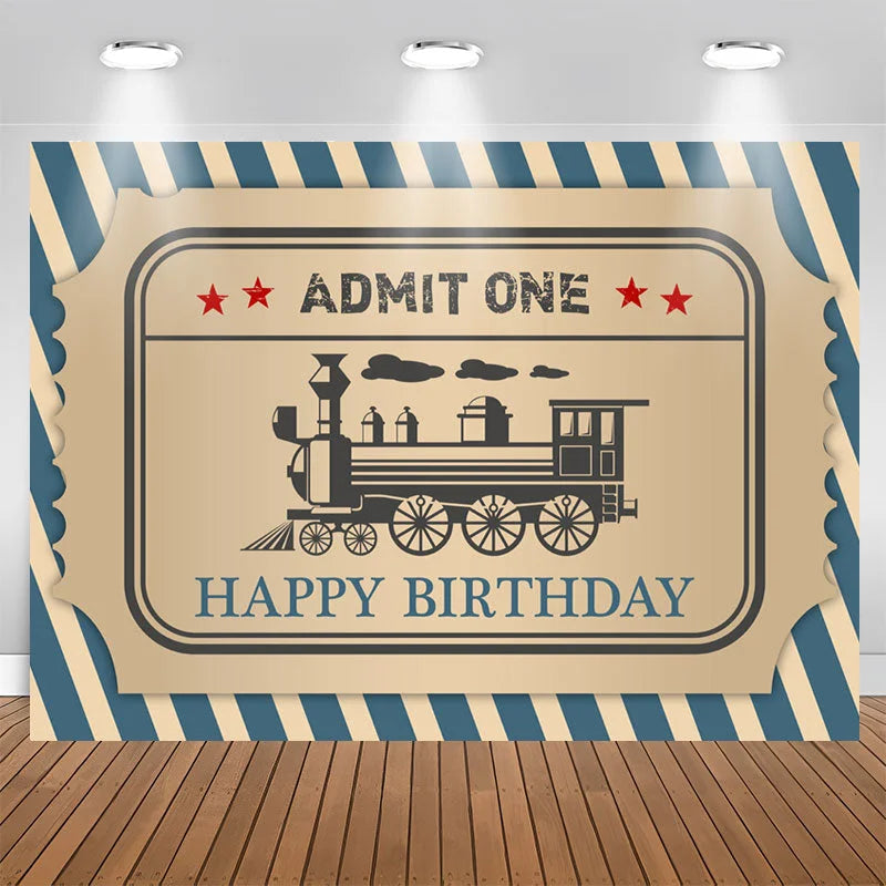 Lofaris Blue Stripe Train Admit One Happy Birthday Backdrop